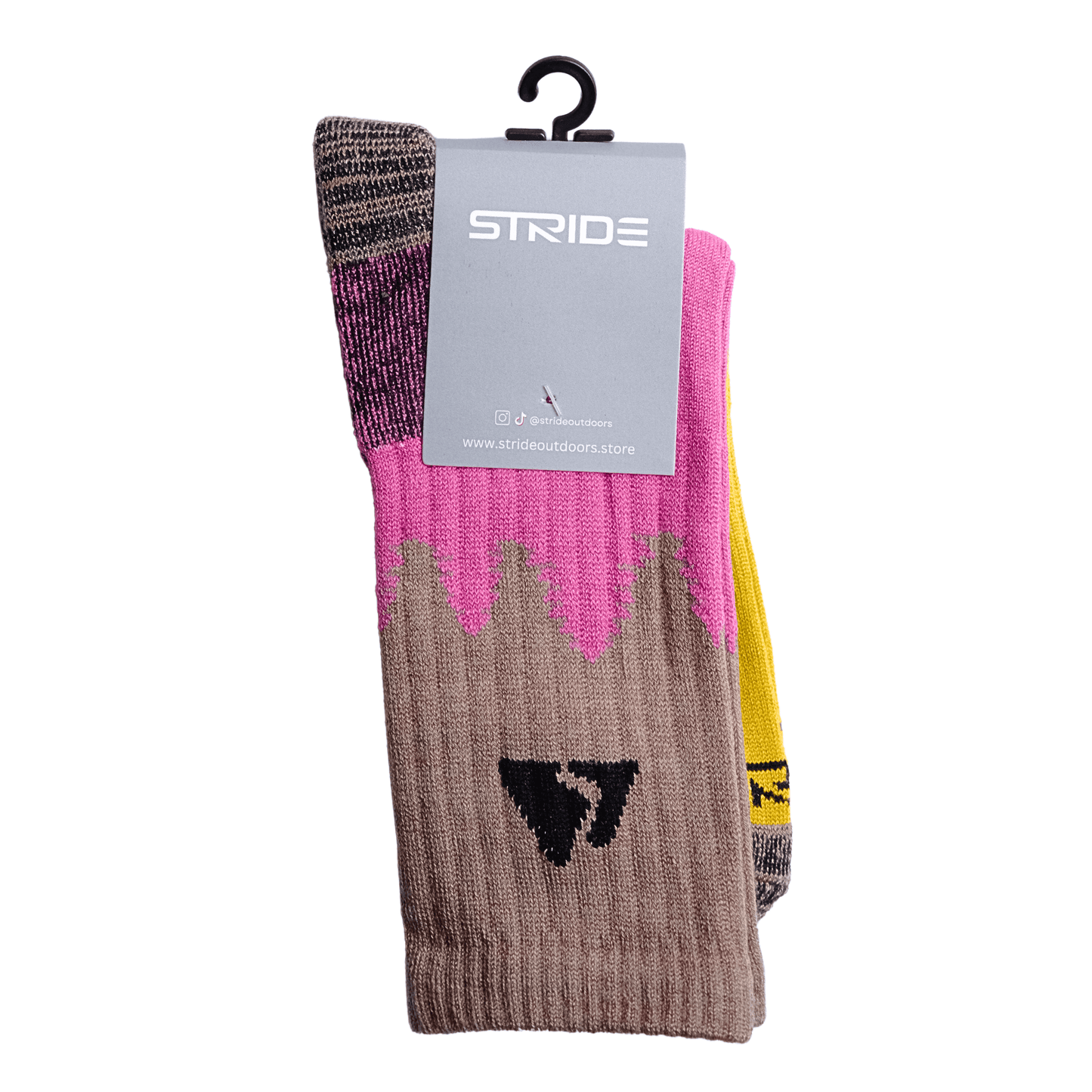 Light brown tree line design with pink mid section and padding on heels and toe area with a yellow under foot area and grey brand card with black plastic hanging hook