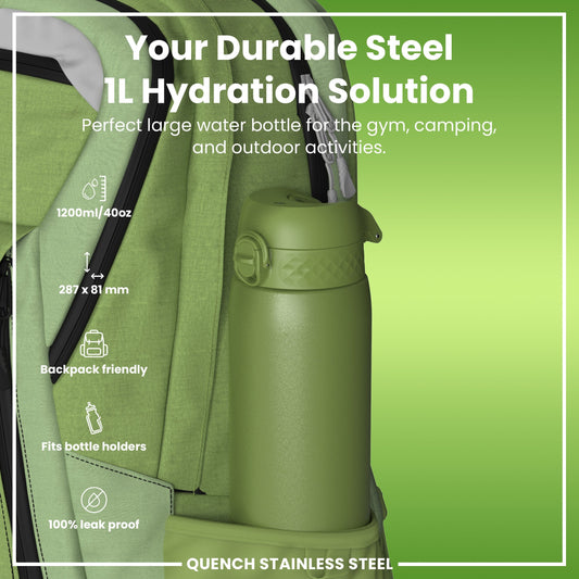 Leak Proof 1 Litre Water Bottle, Stainless Steel, Khaki Green, 1L
