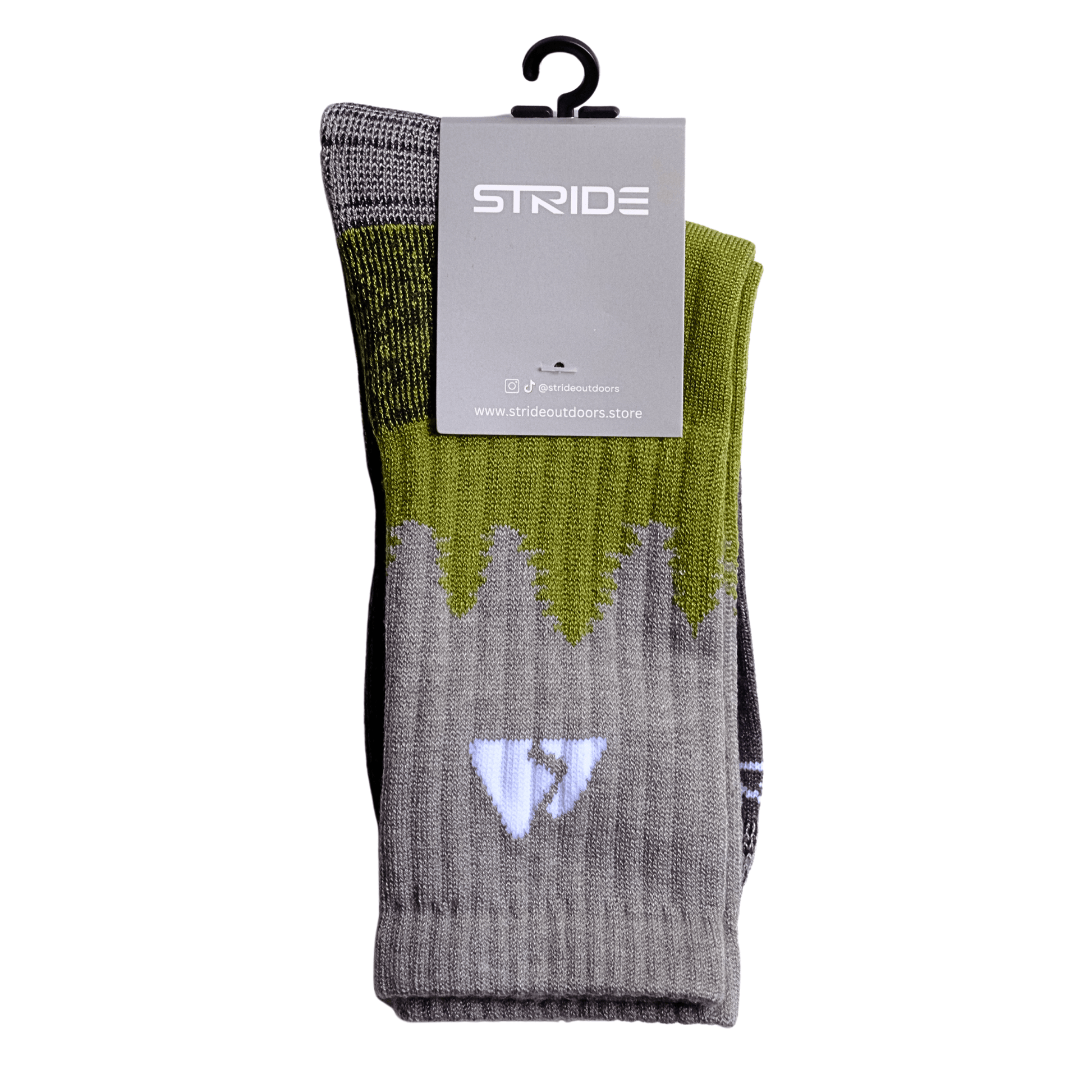 Light grey tree line design with forest green mid section and padding on heels and toe area with a grey brand card and black plastic hanging hook 