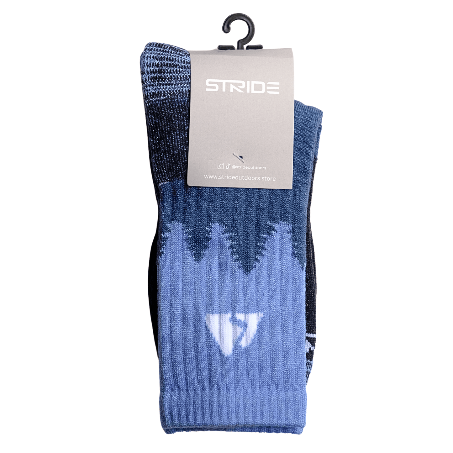 Light blue tree line design with navy blue mid section and padding on heels and toe area with a grey brand card and black plastic hanging hook 