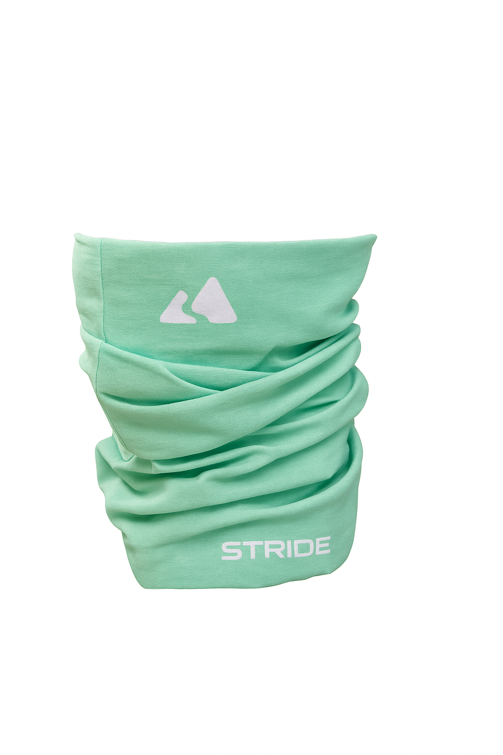 Mint green neck gaiter with 'STRIDE' branding on a white background