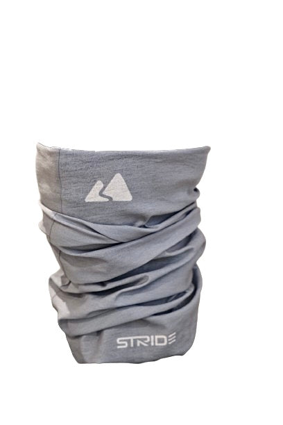 Gray neck gaiter with a logo and brand name on a white background