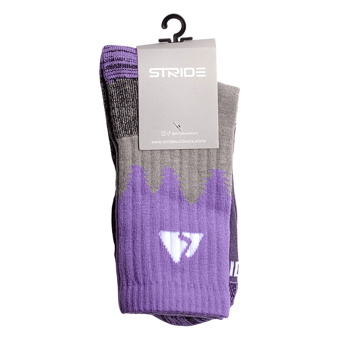 Purple tree line design with grey mid section and padding on heels and toe area with a grey brand card and black plastic hanging hook 