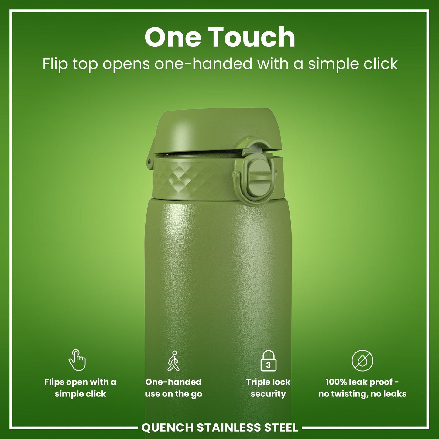Leak Proof 1 Litre Water Bottle, Stainless Steel, Khaki Green, 1L